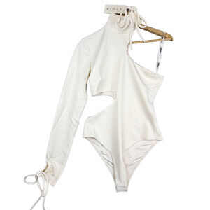 Atoir The Rhiannon Bodysuit Women 6 Ecru Cutout Tie Neck Wrist Club Asymmetrical